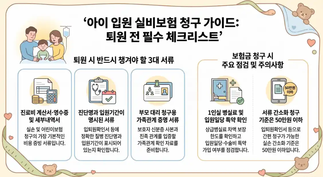 아이 입원 실비 청구 1인실 병실료 입퇴원확인서 부모 보험서류 안내