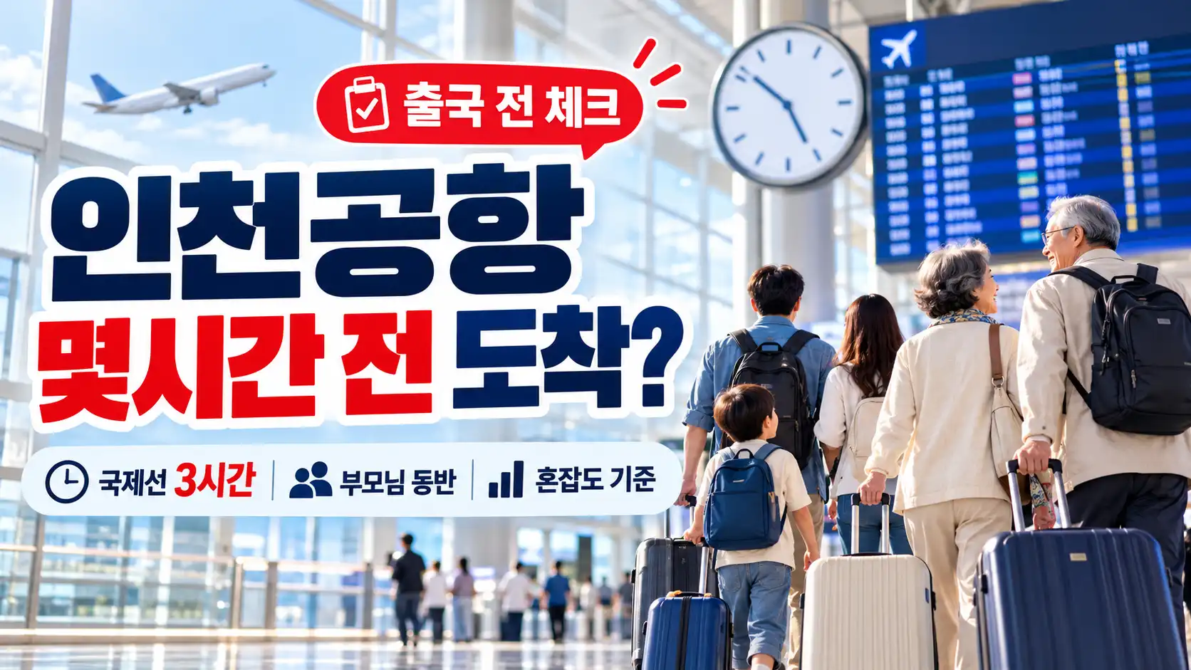 인천공항 몇시간 전 도착해야 할까요? 국제선 3시간 기준부터 인천공항 혼잡도, 위탁수하물, 부모님·아이 동반, 교통약자 우대출구와 실제 출발시간 계산까지 정리했습니다.