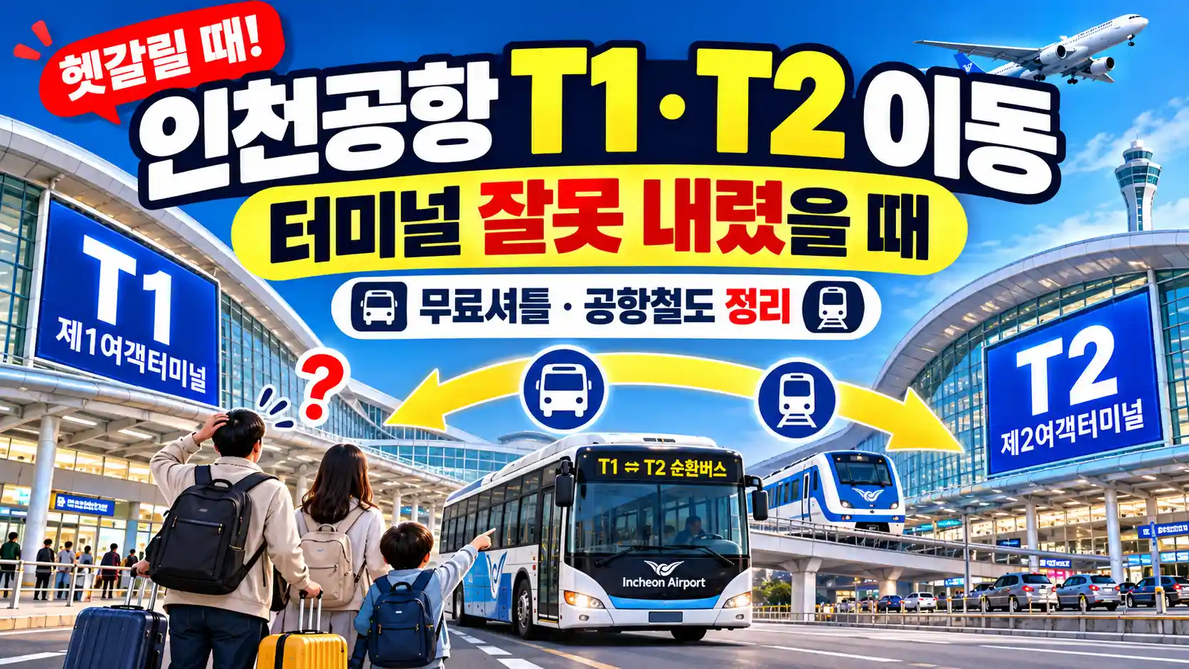 인천공항 T1 T2 이동 터미널 잘못 내렸을 때 무료셔틀 공항철도 안내
