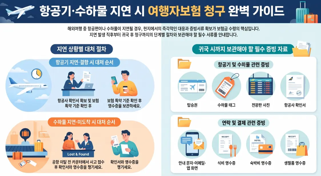 여행자보험 항공기 지연 2시간 4시간 결항 숙박비 수하물 지연 보상 기준 청구서류