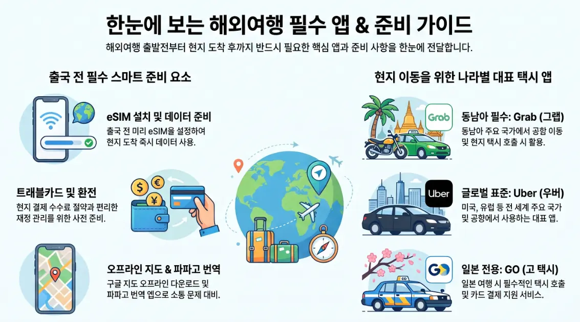해외여행 필수앱 구글맵 파파고 그랩 우버 일본 GO 택시 eSIM 트래블카드 앱