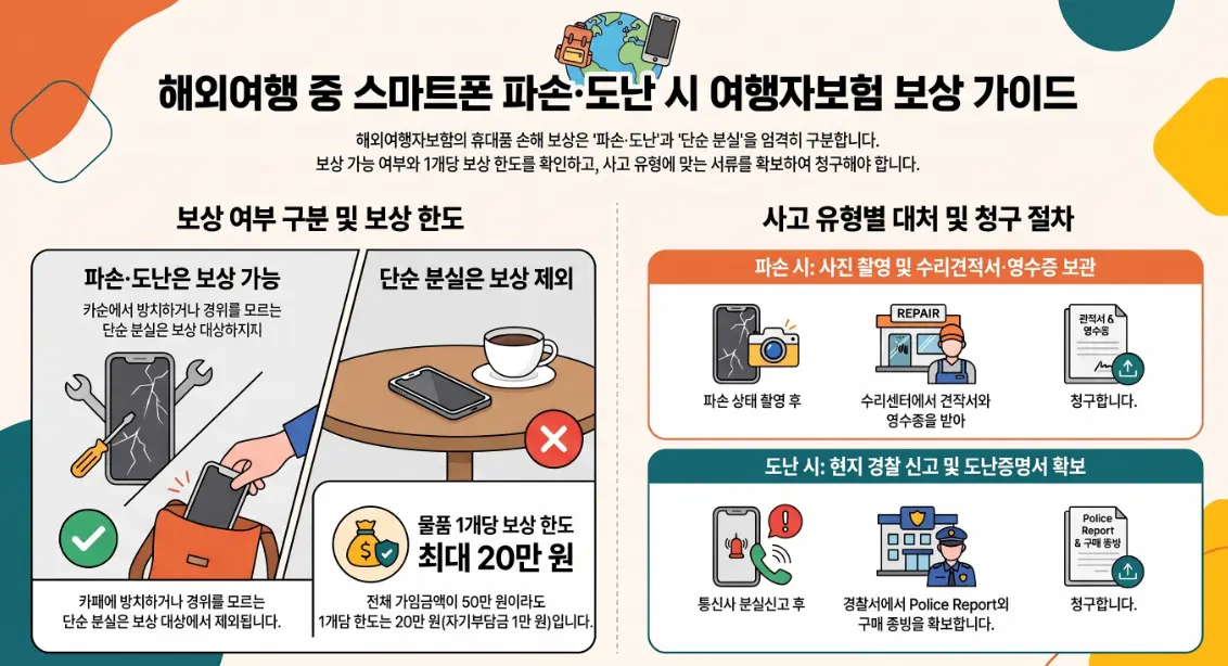 여행자보험 휴대폰 파손 분실 도난 보상 액정 수리비 자기부담금 청구서류 Police Report